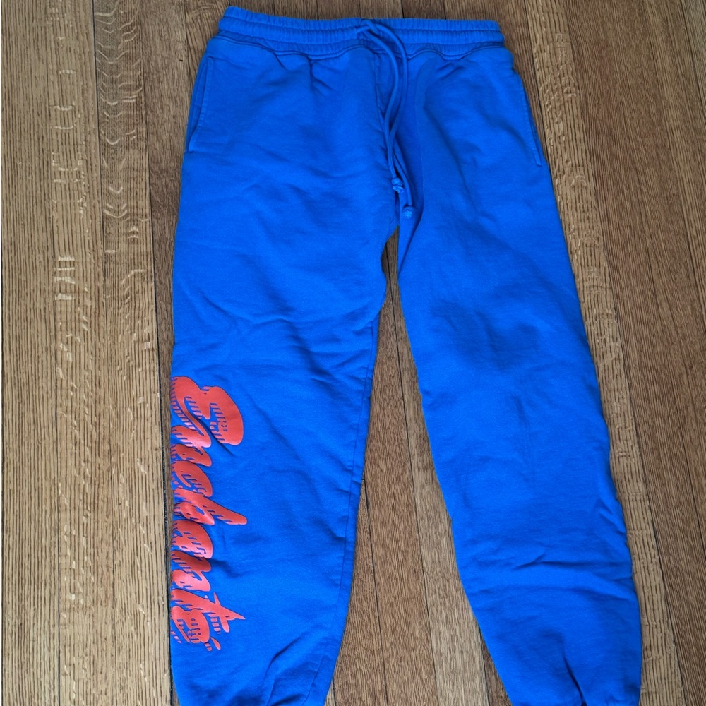 Blue Sweatpants with Orange Graphic